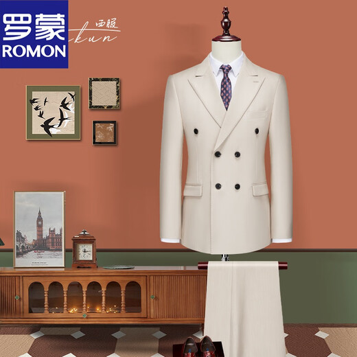 ROMON business casual formal double-breasted British style suit male groom wedding suit three-piece suit dark blue suit + trousers + vest 52/XL