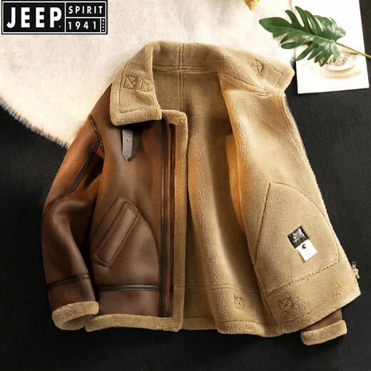 JEEP SPIRIT fur all-in-one jacket men's winter plus velvet thickened suede leather jacket lamb fur coat lamb wool cotton jacket brown XL