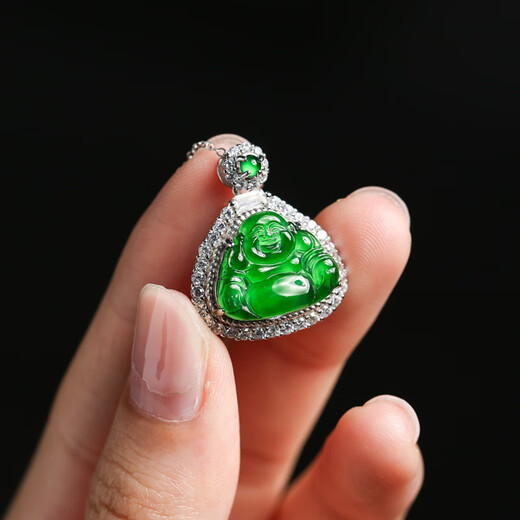 Oriental Jadeite Imperial Green Pendant S925 Silver Full Inlaid Green Smiling Mouth Always Open A-grade Jadeite Buddha Necklace Same Style for Men and Women