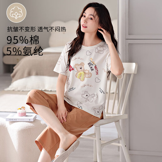 莫代尔夏季睡衣女士棉感短袖圆领新款七分裤宽松简约甜美风薄款爽棉家居 02F9905 M 女-