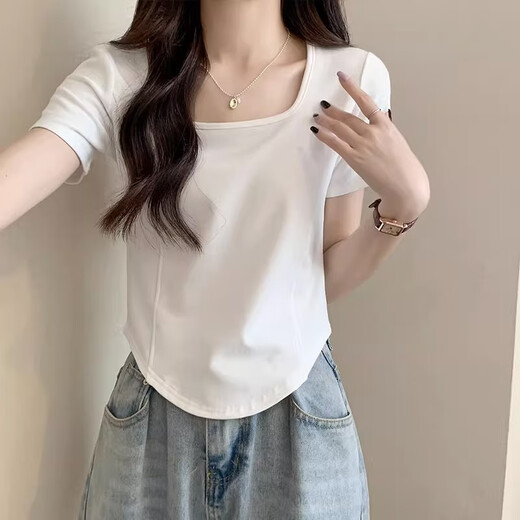 妃丽慕尚2025夏季新款方领正肩紧身掐腰短袖t恤女设计感鱼骨显瘦短款上衣 829粉色 XL 建议120-140斤】