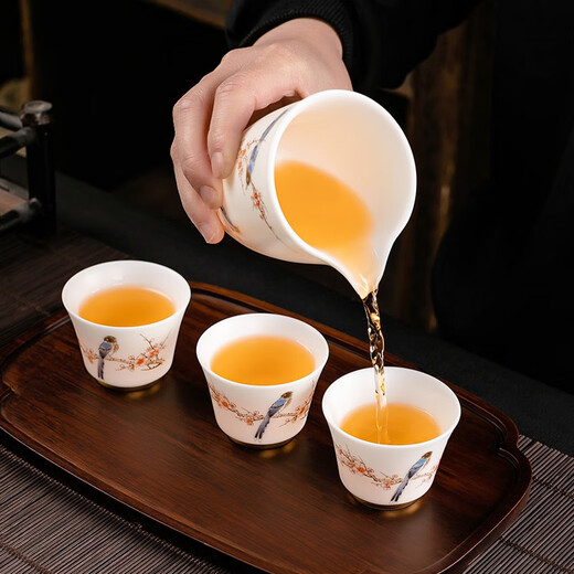 Shengye Mingdao Kung Fu Tea Set Set Suet Fat Jade Ceramic Tea Cup Fair Cup Lid Bowl Home Gift Box Set Happy Eyebrows - Chinese White 10 pieces