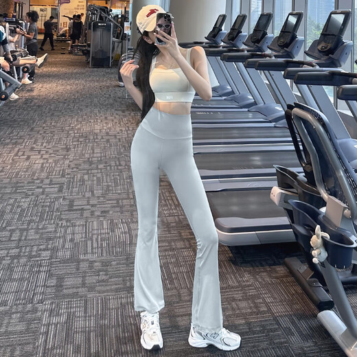 Aisunstyle micro-flare high-waisted tummy-controlling yoga pants showing leg length running fitness pants slim slimming sports pants summer thin psychedelic blue S