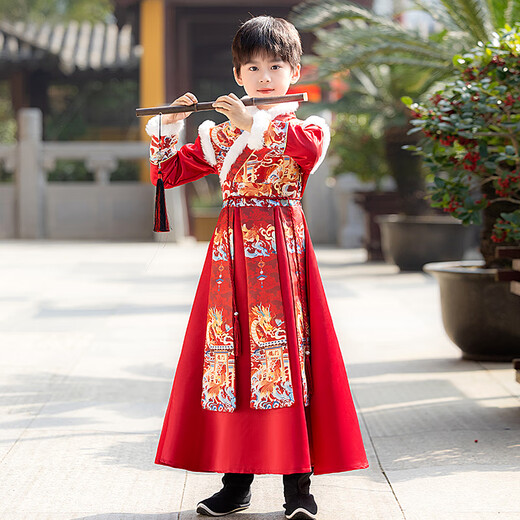 Modal children's Hanfu boys' winter plus velvet suit martial arts style New Year's greetings Chinese style red girls' Chinese school uniform 2024 Carp leaping over the dragon's door package one 120 yards recommended age 5-6 years old