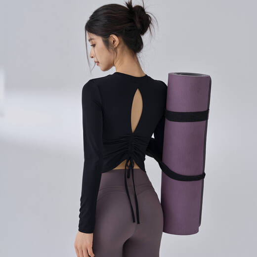 LULULOMDDW fitness girl yoga wear with chest pad, hollow beautiful back sports top, high-end Pilates tight training long sleeves, black L