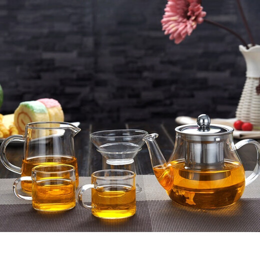 Gudong Xiaoming glass tea set complete set of small teacup set tea maker fully equipped home tea drinking tea set accessories with filter straight handle 9-piece set-450ml pot