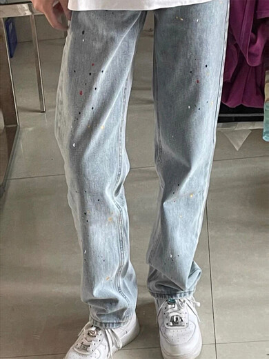 Langwei Feray light blue splashing jeans for women new American retro high waist loose straight pencil pants/small feet 13555 light blue S