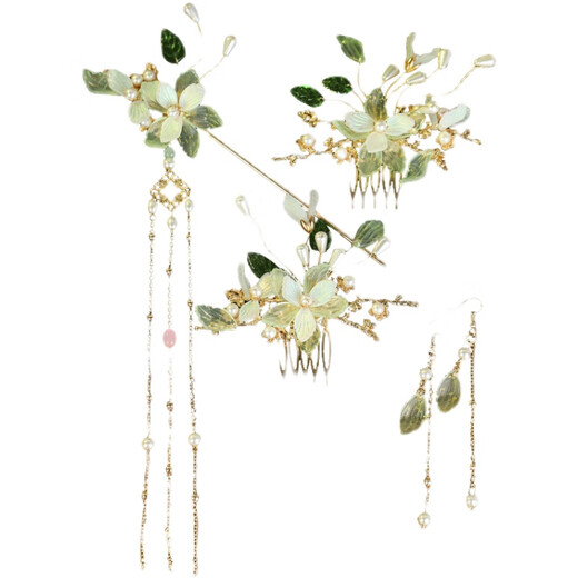 Luruo ancient style Hanfu headdress, super fairy green tassel hairpin, rocking comb earrings, full set of hair accessories, hairpin, ancient costume accessories, Qingluo suit ear clip style