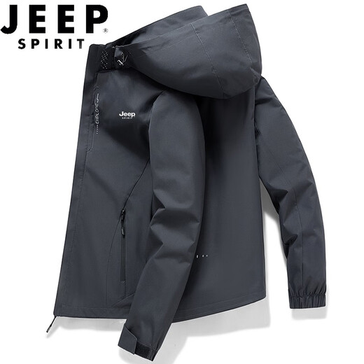 JEEP SPIRIT吉普夹克男外套上衣男士秋冬季薄款新款纯色潮流中青年连帽茄克衫 A655-6628深灰色 5XL (176斤-185斤)