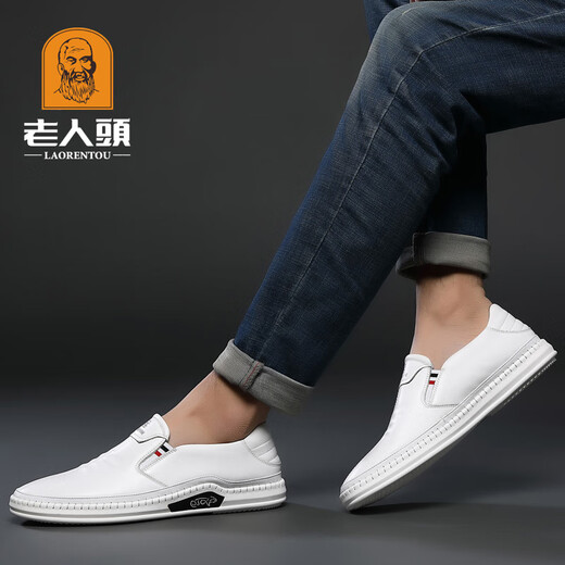 Old man's head (laorentou) old man's white leather shoes men's genuine leather head layer cowhide breathable casual white shoes one foot to put on the line dad's shoes non-slip 10503 white 41