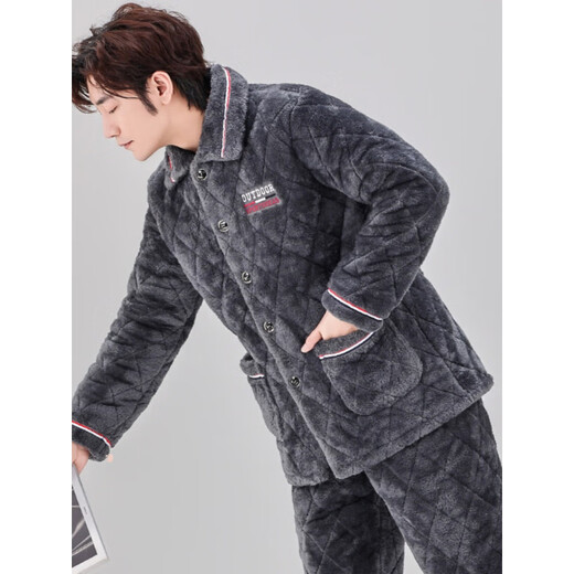 Modal Winter Herren-Pyjamas Koralle Samt Baumwolle Dreischicht verdickte Flanell warme Heimkleidung Herbst und Winterstil Set C9901# Schwarze graue Männer [Milchvolum