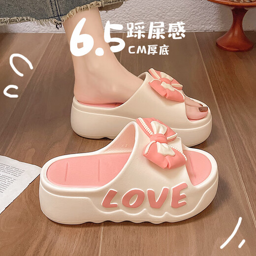 Autumn summer high heel thick-soled slippers for women in summer new cute bow home bathroom sandals to increase height wearing sponge cake sole beige 38-39 suitable for sizes 37-38