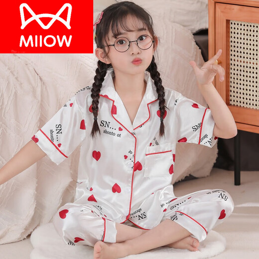 猫人（MiiOW）公主风春季短袖儿童长裤短袖冰感女孩子真丝睡衣女绸春夏可爱 1049 M 女童12码 115 125C 45斤(女童12