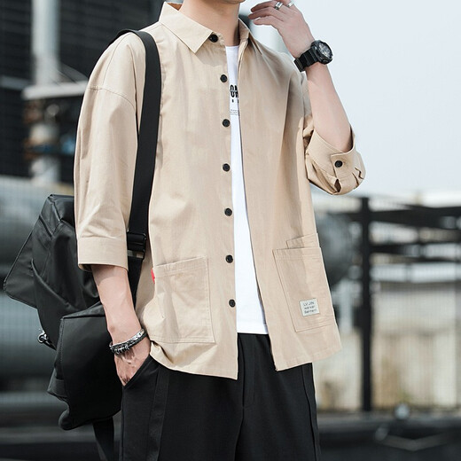 
JEEP SPIRIT Jeep Outdoor Shirt Men's Versatile Solid Color Korean Style Long Sleeve Men's Cropped Sleeve Summer Casual Top Men's Shirt Workwear Light Gray 8829 (Cropped Sleeve) 2XL