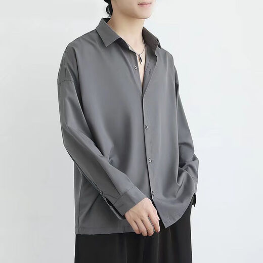 Tanghao Ice Silk Camisa negra Suit para hombres Mangas largas Desgaste sin planchar las mangas largas sueltas y casuales camisa blanca de niños blancos Camisa negra + pantalones negros + collar 2xl