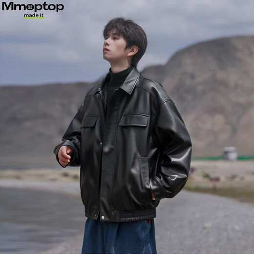 MMOPTOP American Lapel PU Leather Jacket Men's Spring and Autumn Flying Staff Jacket 6073 Agate Black 3XL