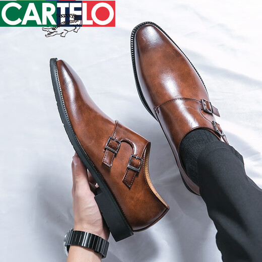 卡帝乐鳄鱼（CARTELO）皮鞋男士夏季搭扣复古商务正装休闲朋克夜发型师新郎结婚鞋男鞋子 -3883黑色 40