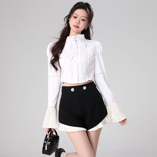 White shirt women's 2024 spring new niche French style bow lace splicing sleeve shirt white S recommended 85-100Jin Jin equals 0.5 kg