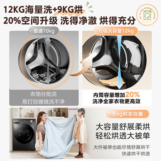 Midea 10/12kg drum washing machine fully automatic household frequency conversion first-class energy efficiency integrated washing and drying/washing and drying with drying kg household appliances subsidy 20% trade-in 12kg-Jin Jin equal to 0.5kg 1.1 high washing ratio with drying steam sterilization mite 36T