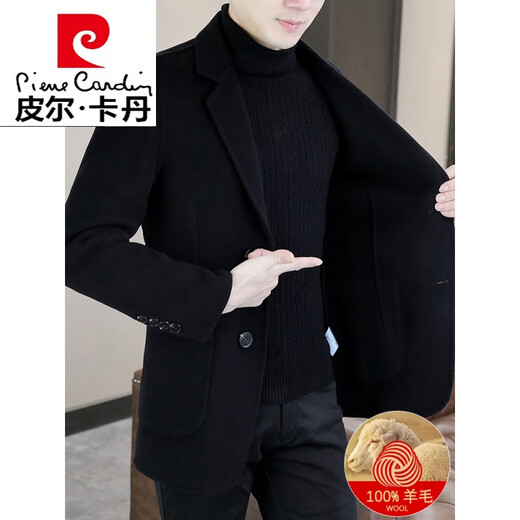 皮尔卡丹（pierre cardin）羊毛呢西服外套男士短款双面呢子羊毛绒大衣春秋款休闲西装针织 黑色(羊毛) M 170 120斤以内