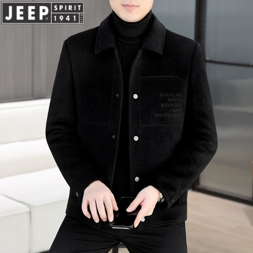 JEEP SPIRIT羊毛呢外套男士短款双面尼大衣2024秋冬新款男装加厚呢子夹克 黑色【款】 180/XL【130-150斤】