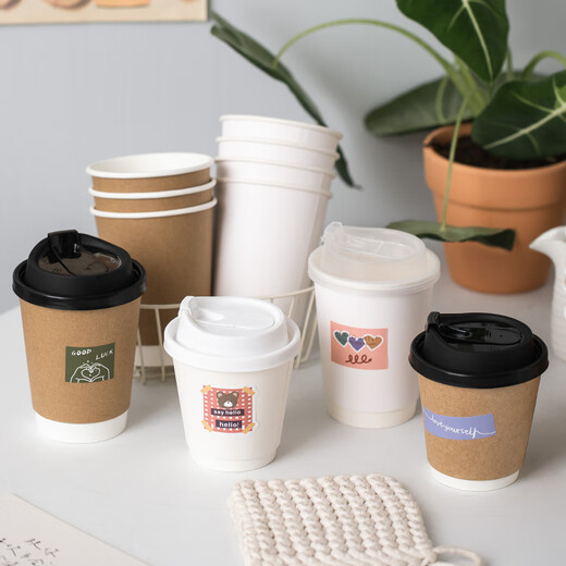 Lishi disposable milk tea cup coffee cup disposable thickened kraft paper cup milk tea soy milk hollow double layer hot and cold 400ml cowhide double layer cup + black lid + sticker 50 pieces