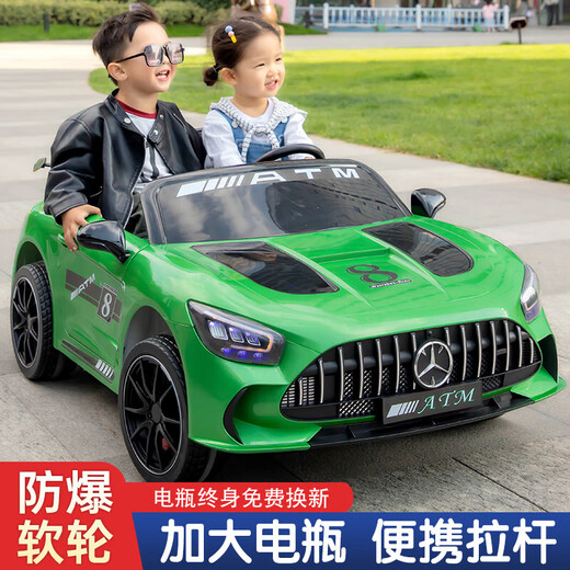 WORK BABY Mercedes-Benz children's electric car four-wheel remote control seating double toy stroller children's New Year's birthday gift, painted green, early music education, mobile phone Bluetooth swing, four-wheel drive 12V11 Chaowei battery, leather seat, foam wheel