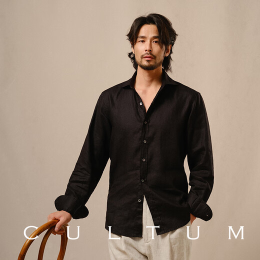 CULTUM 100% linen shirt thin windsor collar breathable long-sleeved shirt men's solid color business casual retro all-match shirt ivory white XL