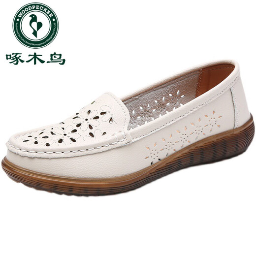 Pecker Chaussures haut de gamme pour femmes 2024 Sandales vides à semelle douce en cuir authentique pour semelles de bœuf d'âge moyen et âgés semelles non glissantes de chaussures de mère respirant style 826 beige creux 36