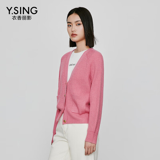 Yixiang Liying loose knitted sweater cardigan women's short 2024 spring new v-neck slim sweater jacket thin pink red S