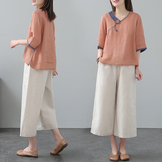 阙时翊太极服棉麻女夏装宽松大码中国民族风复古刺绣太极服两件套夏季 1369焦糖上衣+麻本裤子 M(100~110斤)