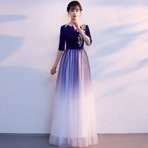 New style cantata costume for women, long skirt, student art exam, adult host, red song poetry recitation, starry sky evening dress, new gradient blue, student art exam, starry sky chorus costume, M