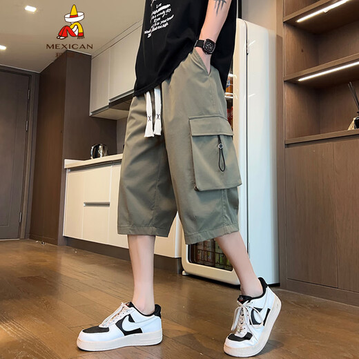 稻草人工装短裤男夏季冰丝速干七分裤子男潮牌宽松直筒运动休闲裤 浅灰色 679 L