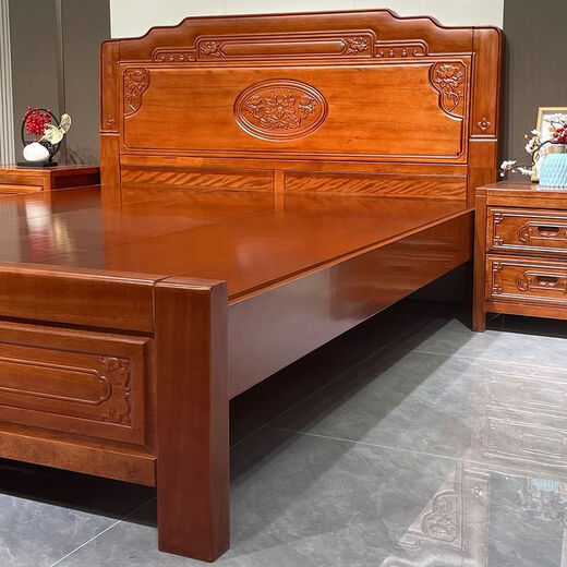 Millennium Shengshi Solid Wood Bed Golden Rosewood Antique Double Bed Chinese Carved Large Bed Classical Bedroom Furniture Rosewood Solid Wood Bed 1.8*2.0m Full Mortise and Tenon Style