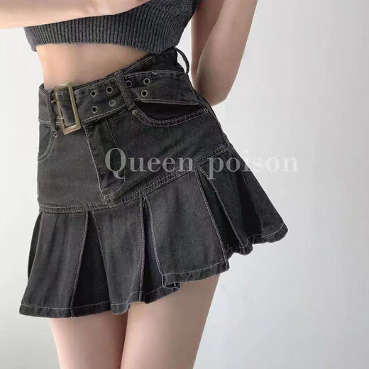 依慕琪复古美式辣妹破洞包臀裙女春夏新款高腰A字半身百褶短裙16851 复古蓝无内衬哦 S  80-95斤