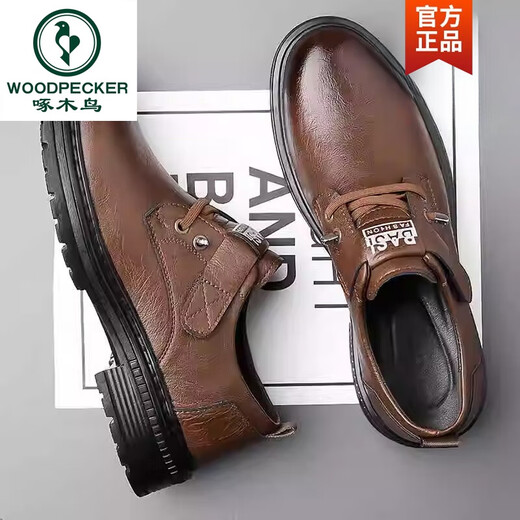Woodpecker men's shoes new leather Martin boots casual leather shoes men's low top plus fleece boots British work shoes men brown 9908 42 standard leather shoe size
