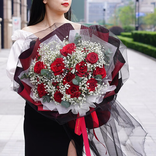 花递鲜花速递小时达玫瑰花束生日礼物送女友同城配送当日达 11朵玫瑰-爱在此刻黑纱款| DS653