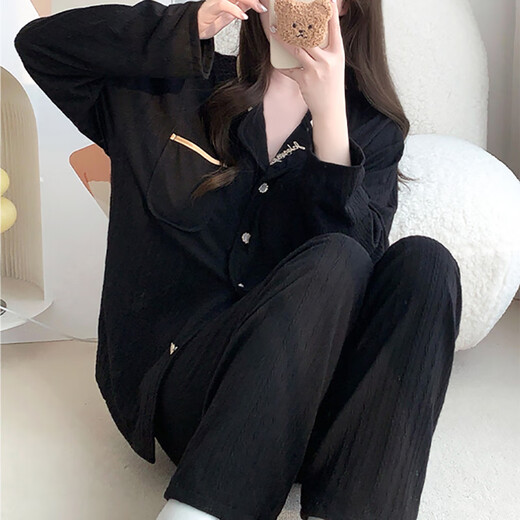 Qiao mingxin pin qiao mingxin pin schwarzer pyjamas für Frauen im Frühjahr und Herbst, High-End und einfache Brustpolster Langarm Set dünne Heimkleidung DWX-9923# Black M