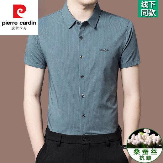 皮尔卡丹（pierre cardin）条纹短袖衬衫男士2024夏季新款高端桑蚕丝商务休闲薄款免烫衬衣男 深灰色【2603款】 185/3XL【建议170-185斤】
