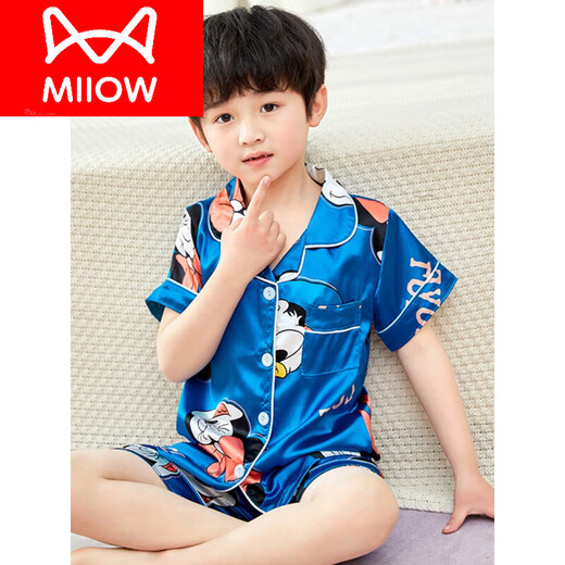 Cat Man (Miiow) Kindereisempfindungs Junge dünner Sommer Kurzarm Junge Seidenpyjamas Frauen Seiden Sommer Baby Klima