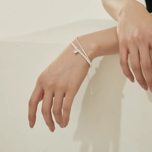 CHINA GOLD Broken Silver Pearl Bracelet Women's Natural Sterling Silver Bracelet Birthday Gift for Girlfriend and Wife Wedding Anniversary Small Heart Double-Layer Bracelet Brand Gift Box