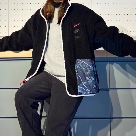 Nike (Nike) jacket men's top Spring and autumn new warm imitation lamb velvet stand collar fashion sportswear casual jacket FZ6194-010/Black/Year of Dragon Limited L (175) / Suggested 130-150Jin [Jin equals 0.5 kg]