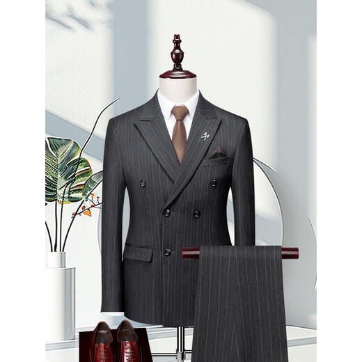 DVHNMK luxury brand men's suit suit men's formal business casual wedding dress double-breasted striped suit dark gray (suit + trousers) ready for delivery M (recommended 95-110 Jin Jin equals 0.5 kg) ready for delivery