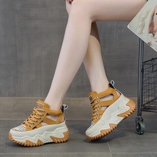 
Duoxian DUOXUAN custom summer sandals for women long and short legs shoes high and low shoes one height-added shoes for disabled cowhide pig cage shoes 9898 apricot color 20 22 (2MM)