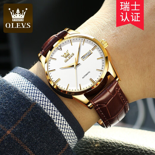 Olis Brand Herren automatische mechanische Uhr Neue leuchtende wasserdichte Schmetterlingsschnalle-Schnalle-Gürtel Doppelkalender Valentinstag Geschenke Wache OLS-6629 Männer-braune Leder weißes Gesicht