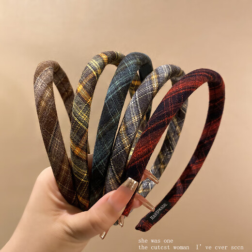 Youfang autumn and winter Maillard high-end woolen plaid thin hair hoop women's new face wash headband temperament and versatile hair hoop for going out coffee color plaid hair hoop 1 pack