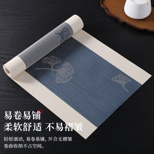 Qumo Chinese style tea mat table flag new Chinese Zen tea towel tablecloth high-end waterproof Chinese style small size tea tray mat Ginkgo leaf blue background 30*150cm
