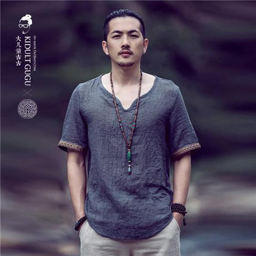 
Lan Junqi Chinese style men's clothing Myanmar clothing short-sleeved T-shirt men's summer loose plus fatty Thai Buddhist clothes S 686 denim blue 5XL