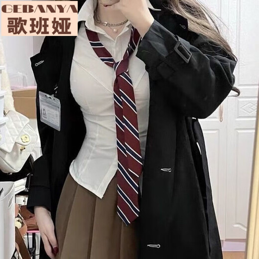
Gebanya College Style JK Uniform Waist Long Sleeve Shirt Female Sexy Slim Design Top Autumn Set Long Sleeve Top + Black Skirt ++ Red Stripe Tie S