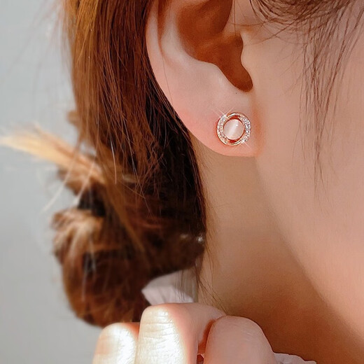 Miao Xiu Pure Silver Needle Earrings Women's Imitation Cat's Eye Earrings Women's Earrings Temperament Circle Exquisite Earrings Circle Cat's Eye Earrings - Rose Gold